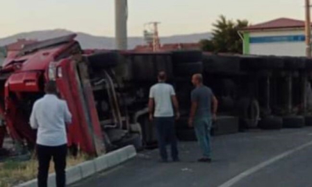 Büyükbaş hayvan taşıyan kamyon devrildi